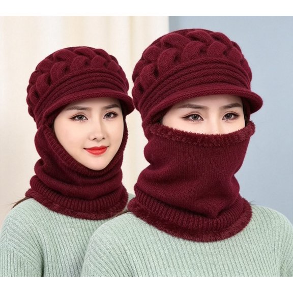 DOVACKA Women's One-Piece Fleece Lined Winter Beanie Hat, Knitted Scarf Face Mask Combo, Soft Warm Earflap Balaclava Cap for Cold Weather Outdoor