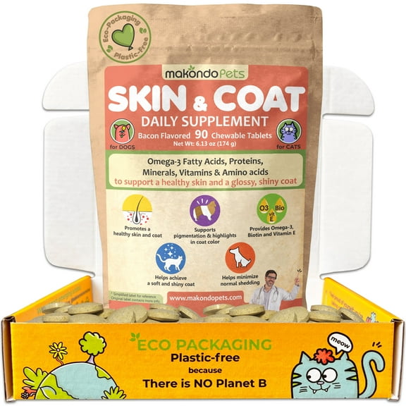 Makondo Pets Allergy Relief Multivitamin Tablets for Dogs, Cats & Small Animals, Bacon Flavor, 90 Tablets Eco-Packaging