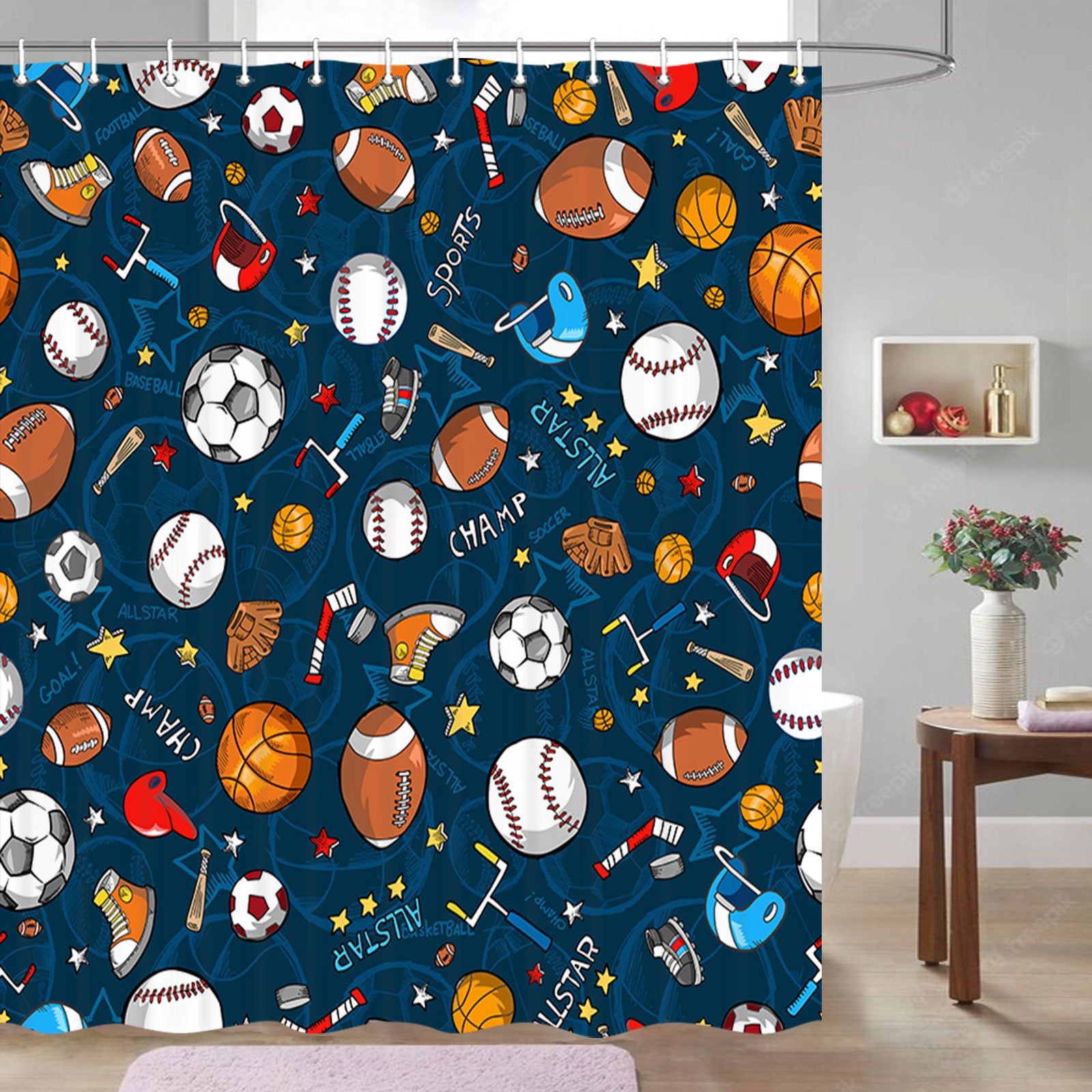 Sports Shower Curtain for Kids Children Teens, Basketball Football Baseball Hockey Star Blue Shower Curtain Sports Bathroom Decor, Fabric Baseball Shower Curtain Set with Hooks Dark Blue(72X72)
