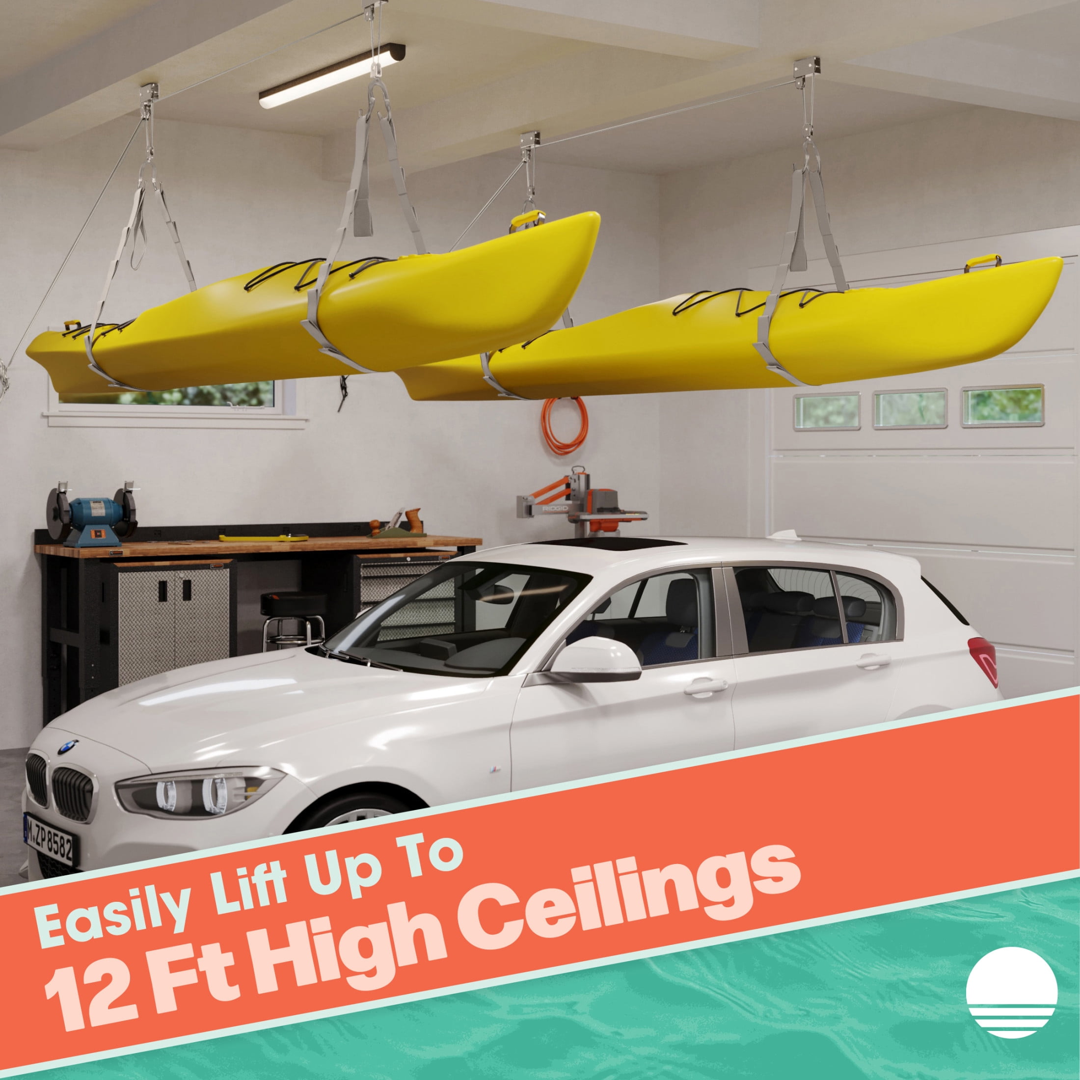 Rad Sportz Overhead Kayak Hoist with 125lb Capacity for 12ft Ceilings, Gray