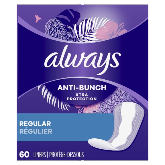 Always Anti-Bunch Xtra Protection Daily Liners Regular Unscented, 60 Count