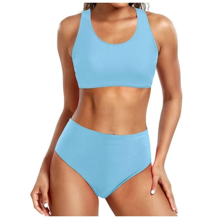 TOWED22 Women s Crop Top High Waisted Cheeky Bikini Set Solid Color Two Piece SwimsuitsLight Blue M