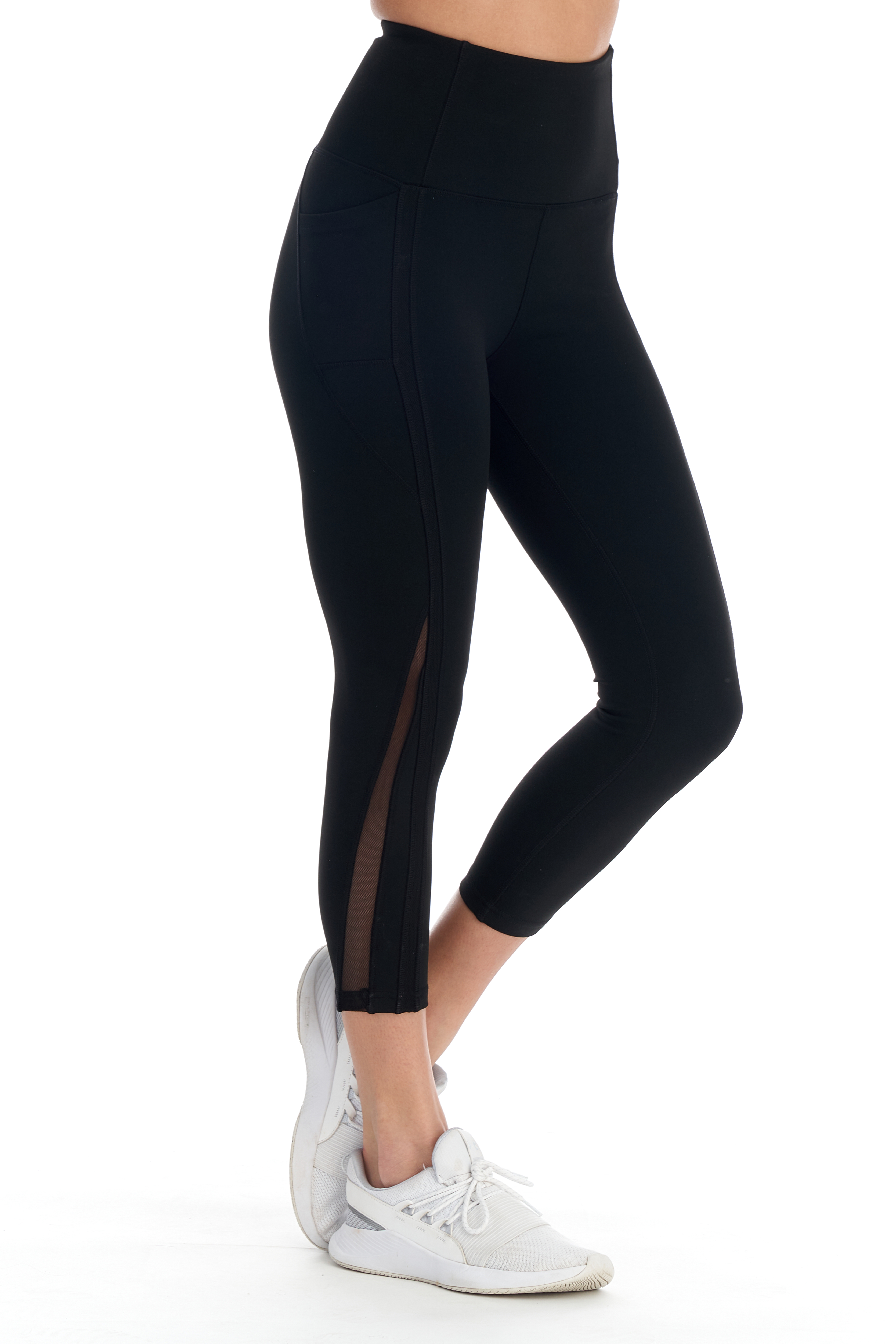 Women's Active High Waist 7/8 Length Legging With Striped Sheer Mesh & Pockets