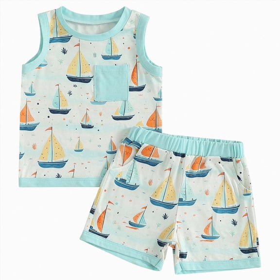 Little Boy Clothes Set Toddler Baby Sailboat Print Sleeveless Tank Top and Shorts 2-Piece Nautical Summer Outfit Toddler Boy Summer Clothes