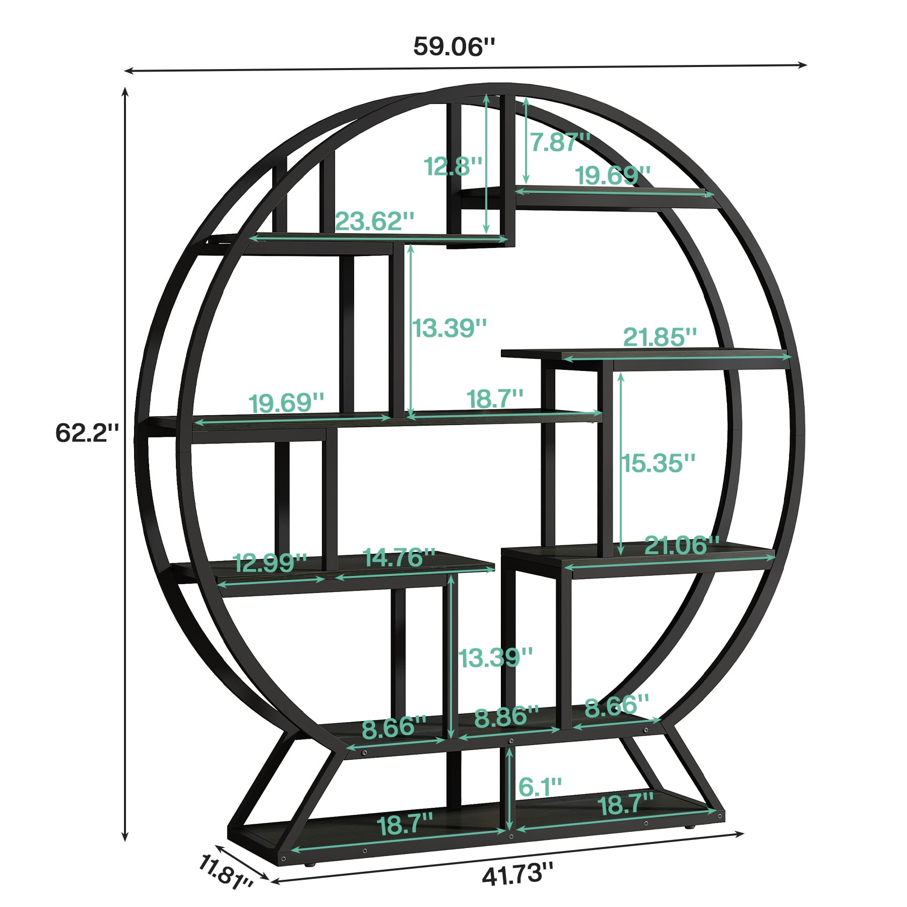 Demi Bonn 5 Tier Bookshelf with Staggered Shelves, Wood and Metal Bookcase Storage Organizer, Round Display Standing Shelf Unit for Bedroom, Living Room, Black