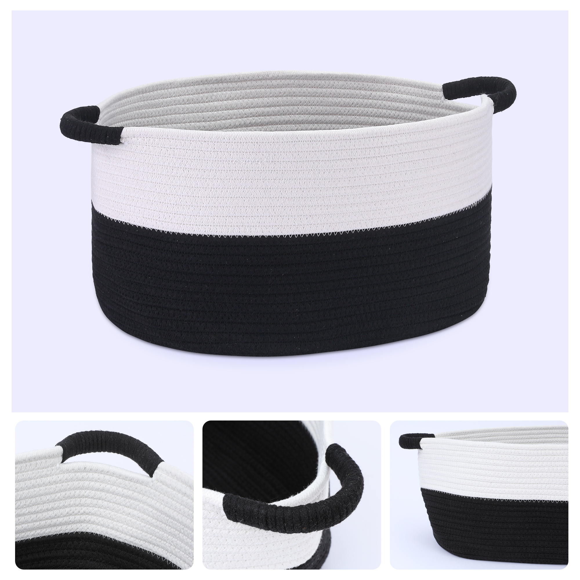 Unique Bargains Woven Storage Basket Bin with Handles White/Black 17*12.5*8.5in