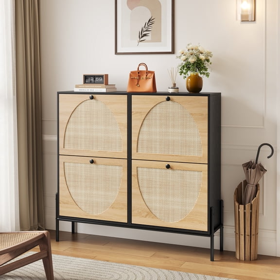 39.4" Black Rattan Shoe Cabinet with 4 Flip-Down Drawers - Narrow Entryway Storage Organizer for Hallways