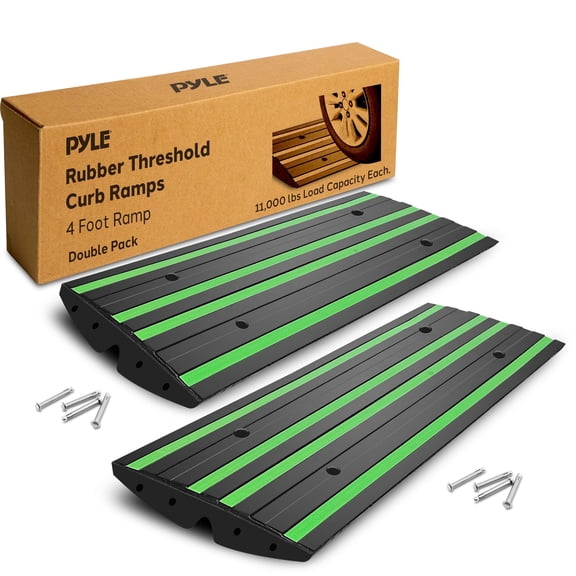 Pyle 8 ft. Rubber Curb Ramp Set, Pack of 2 Heavy Duty Non-Slip Threshold Ramps for Driveways, Garages, Sidewalks, Wheelchairs and Vehicle Access, Green Reflective Strips, 48.0’’x 16.0’’ x 2.6’’ Inch