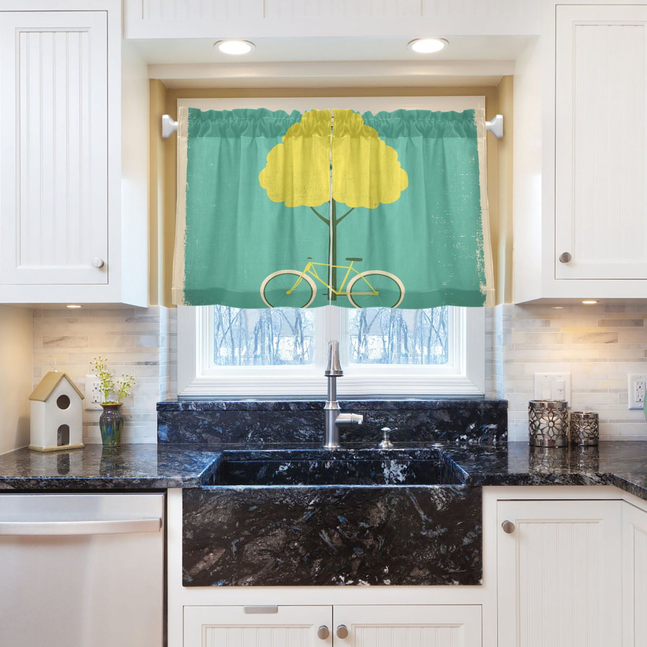Tree and Bike 27"x36" Linen Look Cafe Curtain Set with Privacy and UV Protection