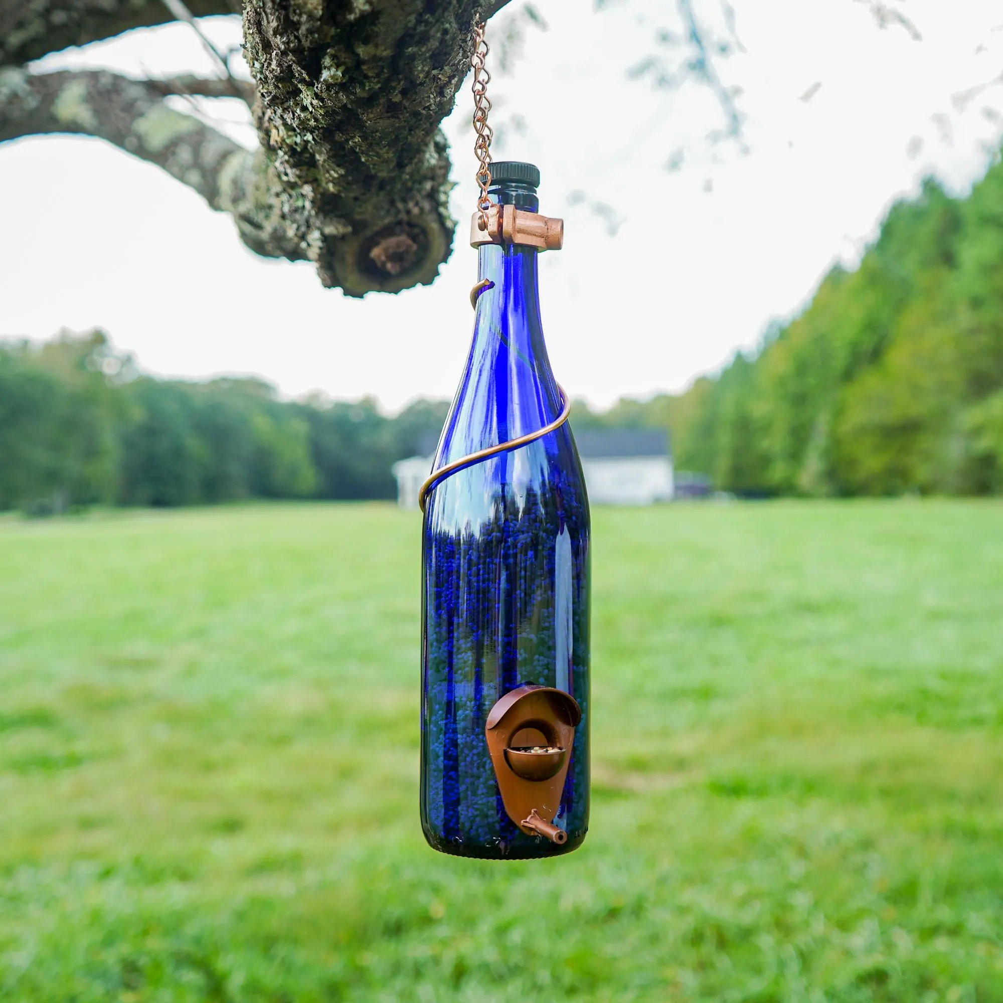 Blue Wine Bottle Bird Feeder with Copper Trim