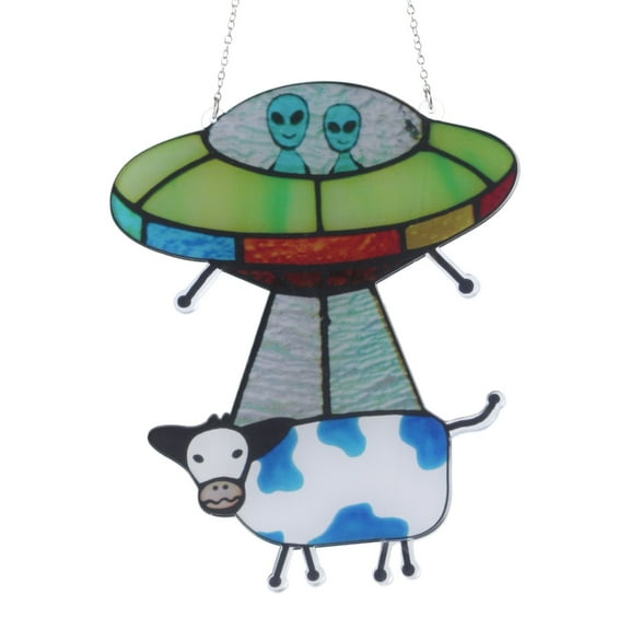 CIYISON Painted UFO Pendant Cow Stained Glass Suncatcher Window Panel Door Hanging Garden Home Decoration