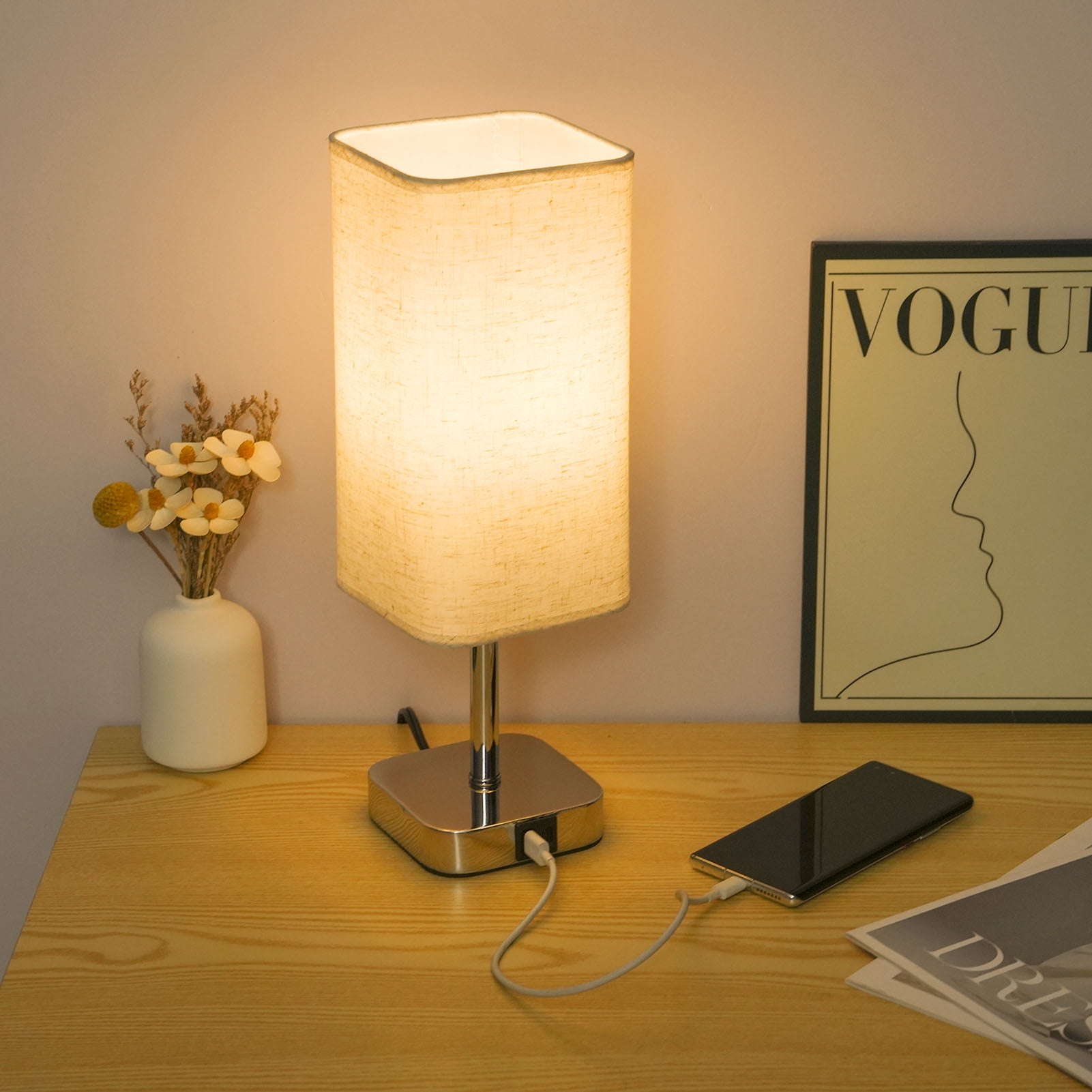 2 Pack Bedside Table Lamp, Touch Control Nightstand Lamp with USB A+C Charging Ports, 3-Way Dimmable lamps with Linen Fabric Shade for Bedroom Living Room