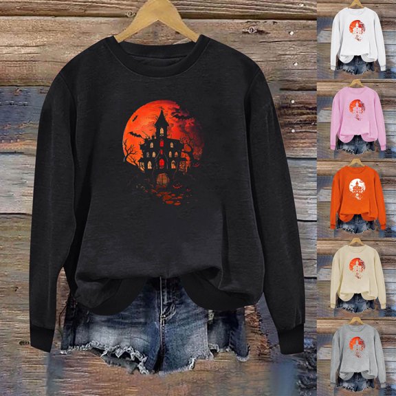 Wooowa Women's Halloween Sweatshirt Spooky Season Sweaters Vintage Spooky Printed Long Sleeve Shirt Fall Pullover Tops