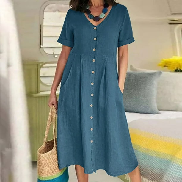 Cotton Linen Dress for Women V Neck Button Down Short Sleeve Sundress Solid Casual Summer A Line Midi Dress - Walmart.com