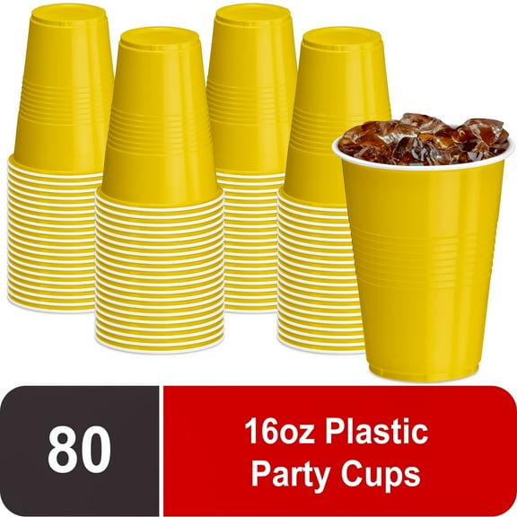 DecorRack 80 Party Cups, 16 fl oz -BPA Free- Plastic Soda Cups, Yellow (Pack of 80)