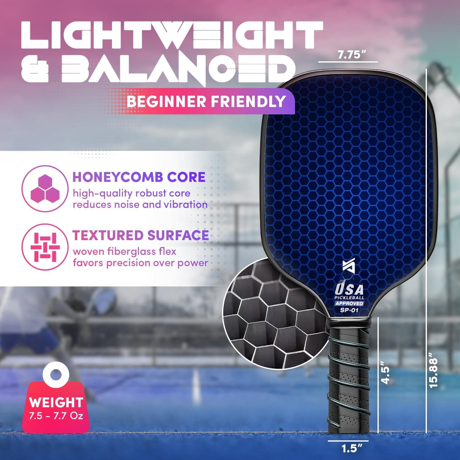 Usapa Approved Pickleball Paddle Set | Fiberglass Surface  With Balls Grip Tapes & Carry Bag Quiet Lightweight Rackets For Men Women Beginners