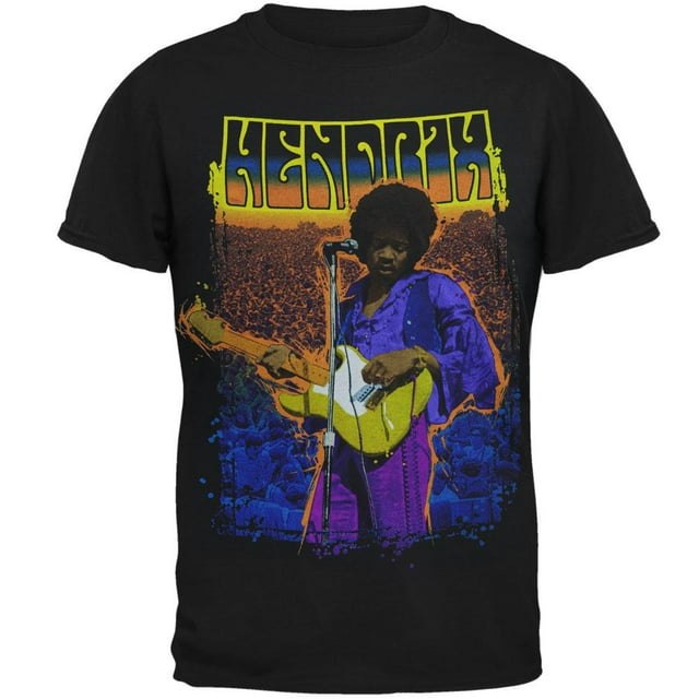 Jimi Hendrix - Third Stone from the Sun men's T-shirt by Old Glory. This black shirt features a vibrant graphic of Jimi Hendrix playing his signature guitar in front of a massive crowd, with bold 'Hendrix' text above. Officially licensed merchandise.