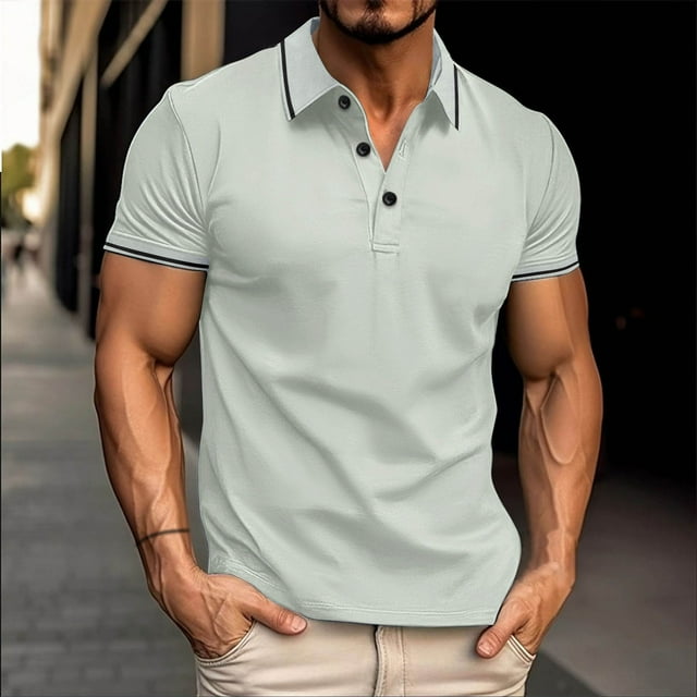 pstuiky camisetas camisas para hombre, Blusa de manga corta transpirable con cuello vuelto y botones de colores lisos para hombre camisetas de hombre l