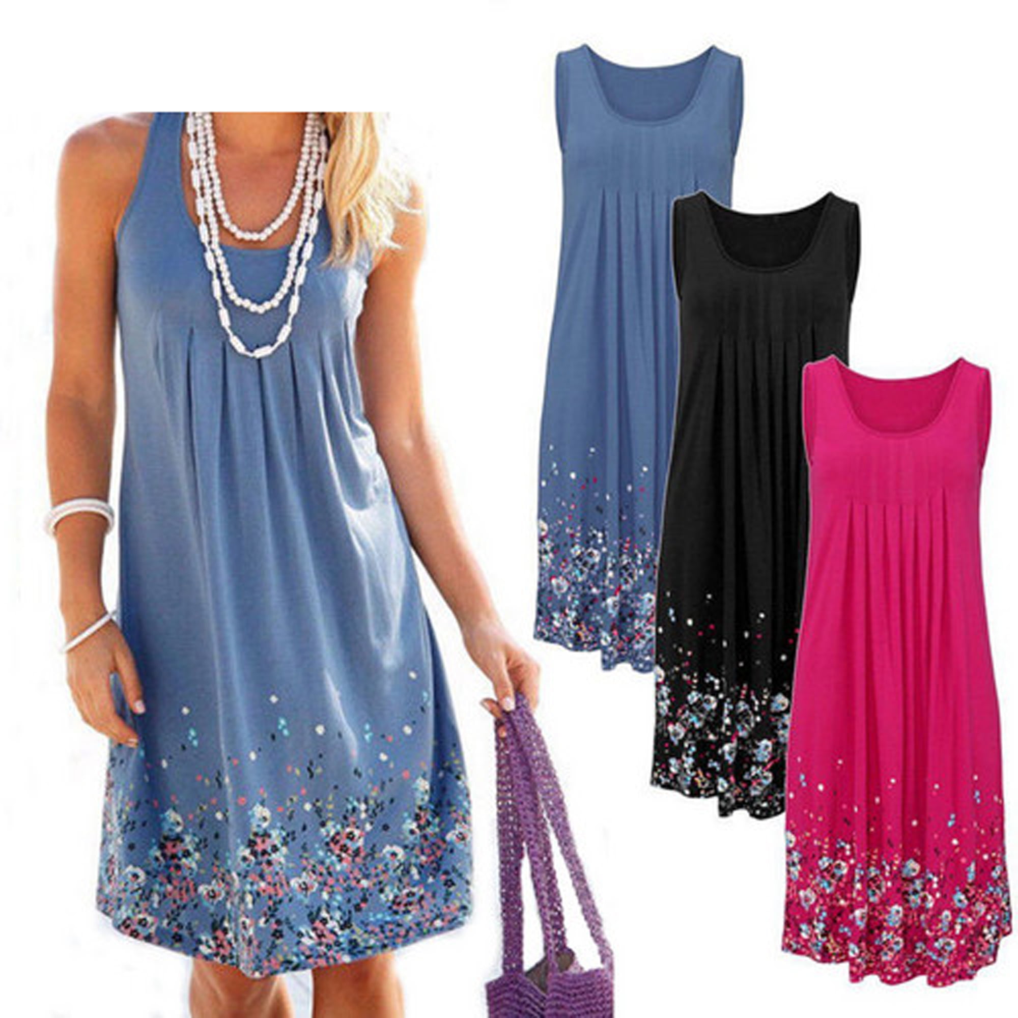 Women's Blue Maxi Short Dress Ladies Casual Beach Dresses Sundress Fashion
