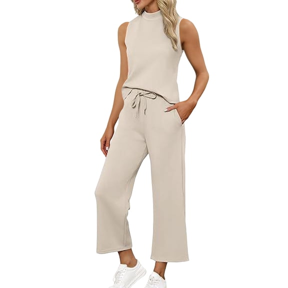 Women's Summer 2 Piece Sets Dressy Mock Neck Tank Top with Straight Leg Pants Business Casual Outfits with Pockets