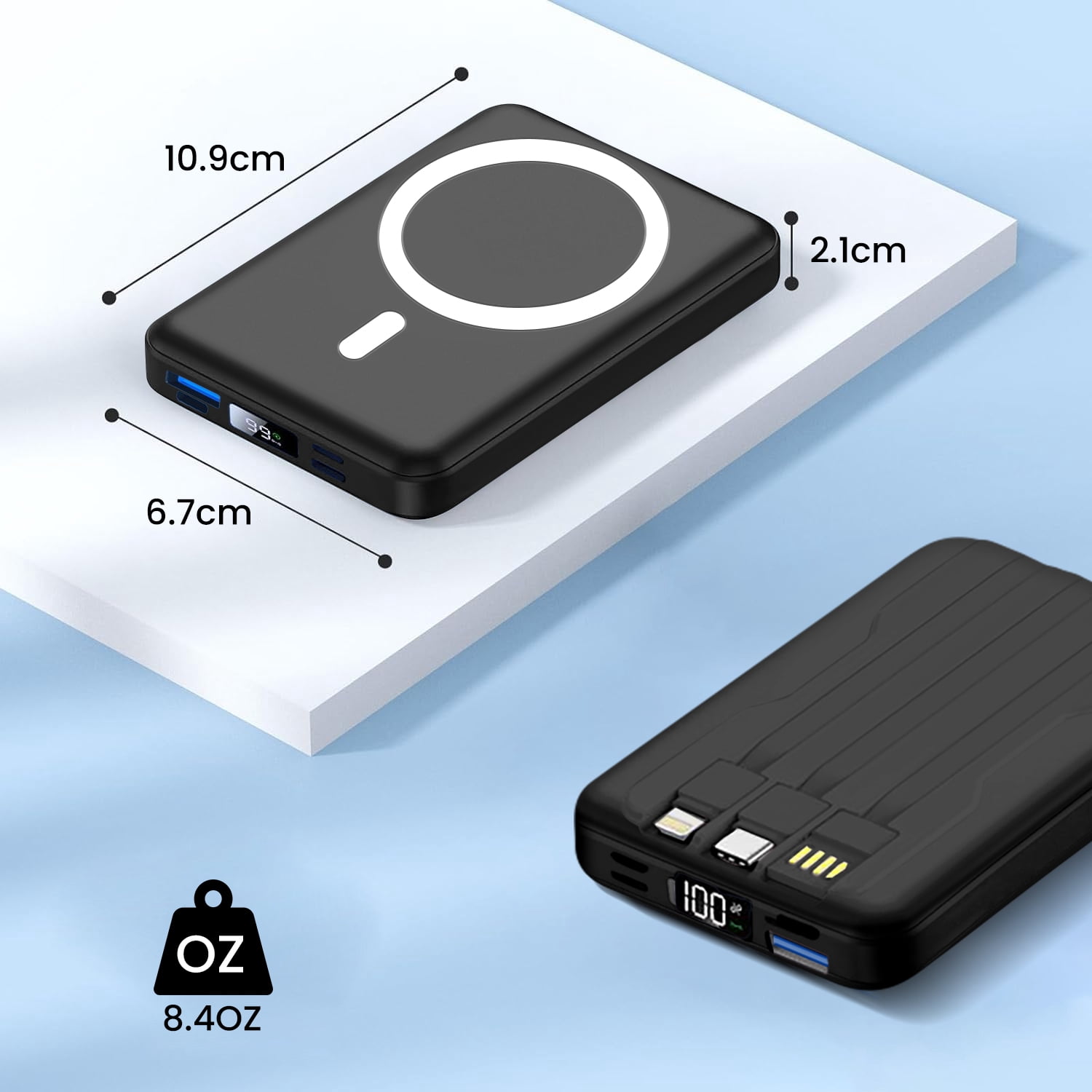 GASYESOY Portable Charger,10000mAh 20W Power Bank,Built-in Cables Fast Charging,with LED Display for iPhone 16/15/14/13/12 and Android,Black
