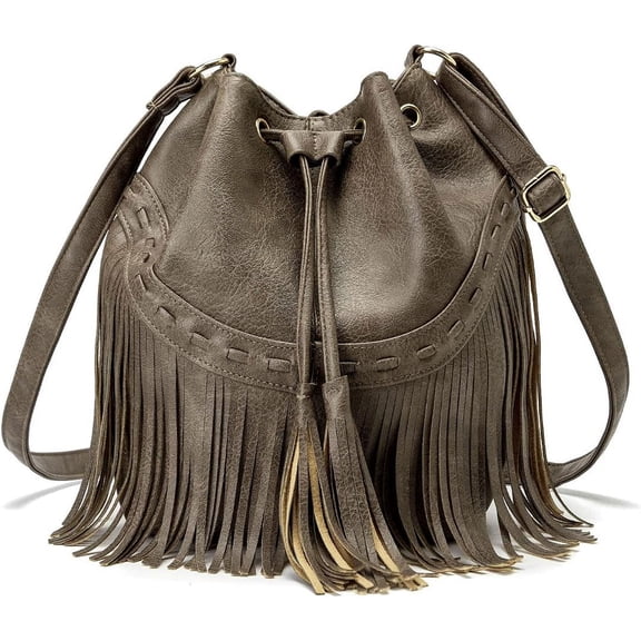 Leather Bucket Bags for Women Crossbody Fringe Purses with Drawstring Ladies Tassel Hobo and Shoulder Handbags