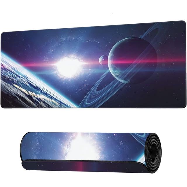 Planets & Nebula Space Extended Gaming Mouse Pad - 35.4x15.7in Large Desk Mat, Non-Slip Rubber Base, Stitched Edges, Perfect for Work, Game, Office, Home