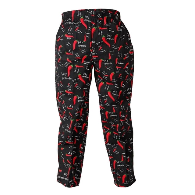 Pantalones de Cocinero Holgados Unisex Pantalones de Trabajo de Uniforme de Cocina Bolsillos Grandes Negro - Chiles, M Sunnimix Pantalones de chef para mujeres