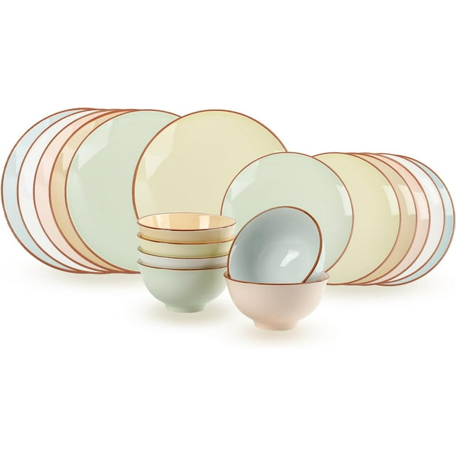 Ceramic Dinnerware Sets for 6 - Includes 10-Inch Dinner Plates, 8-Inch Dessert Plates and 23 oz Soup Bowls - Assorted Colors - Microwave and Dishwasher Safe - 18-Piece