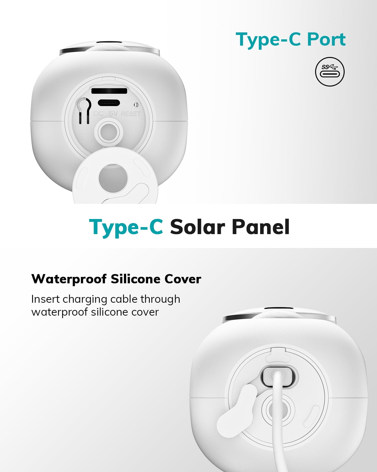 ZUMIMALL 3W Solar Panel for Security Cameras, IP66 Waterproof Solar Panel with 10ft Type C Cable,White(Type C Port)