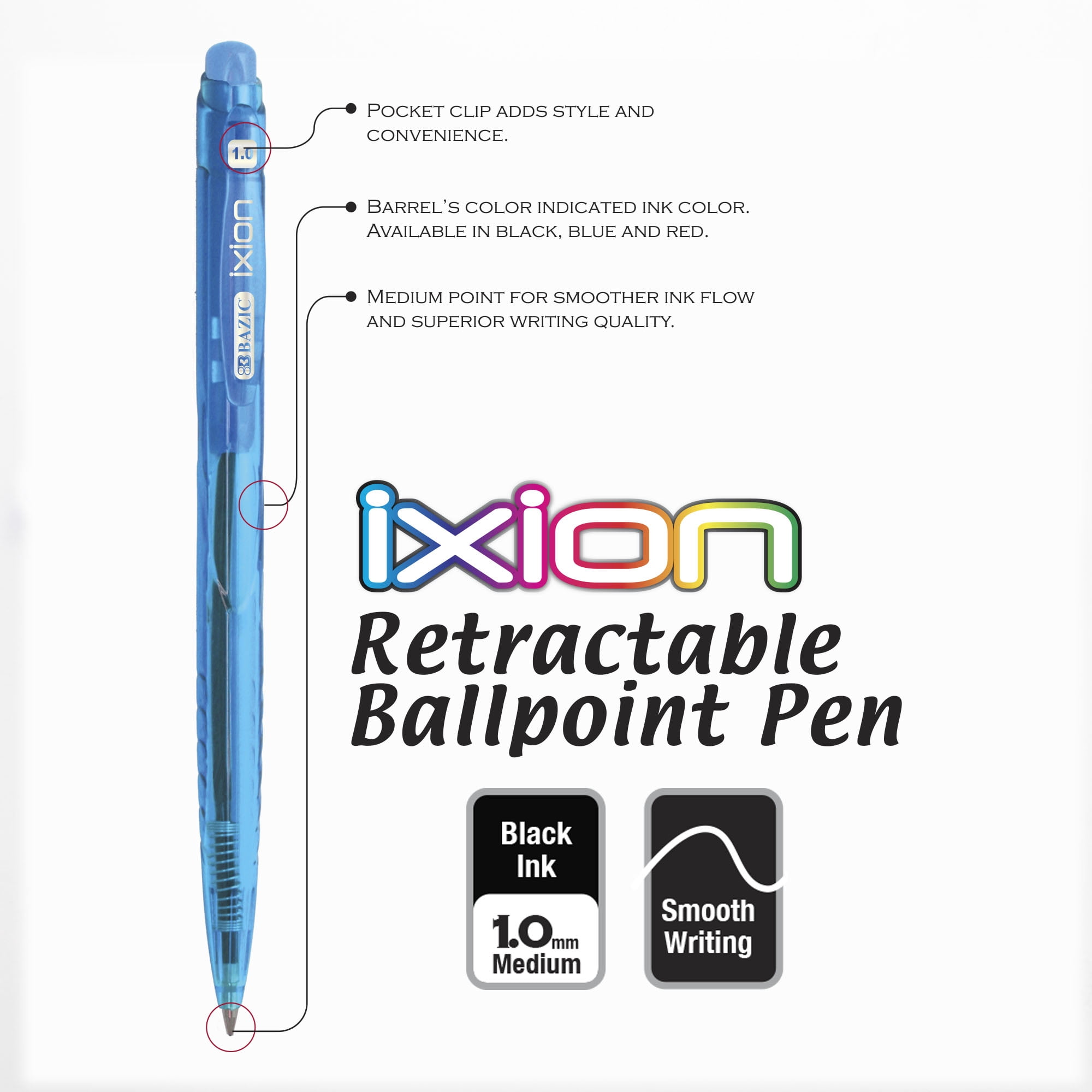 BAZIC Ixion Black Color Retractable Ballpoint Pens, 1.0mm (5/Pack), 24-Pack