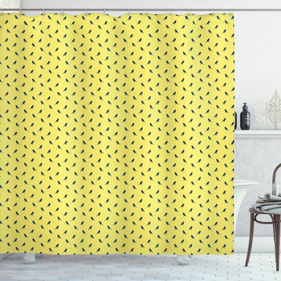 Yellow Bird Shower Curtain, Bicolour Silhouette Pattern of Titmouse in Minimalistic Style, Fabric Bathroom Set with Hooks, 69W X 75L Inches Long, Pastel Yellow Night Blue, by Ambesonne