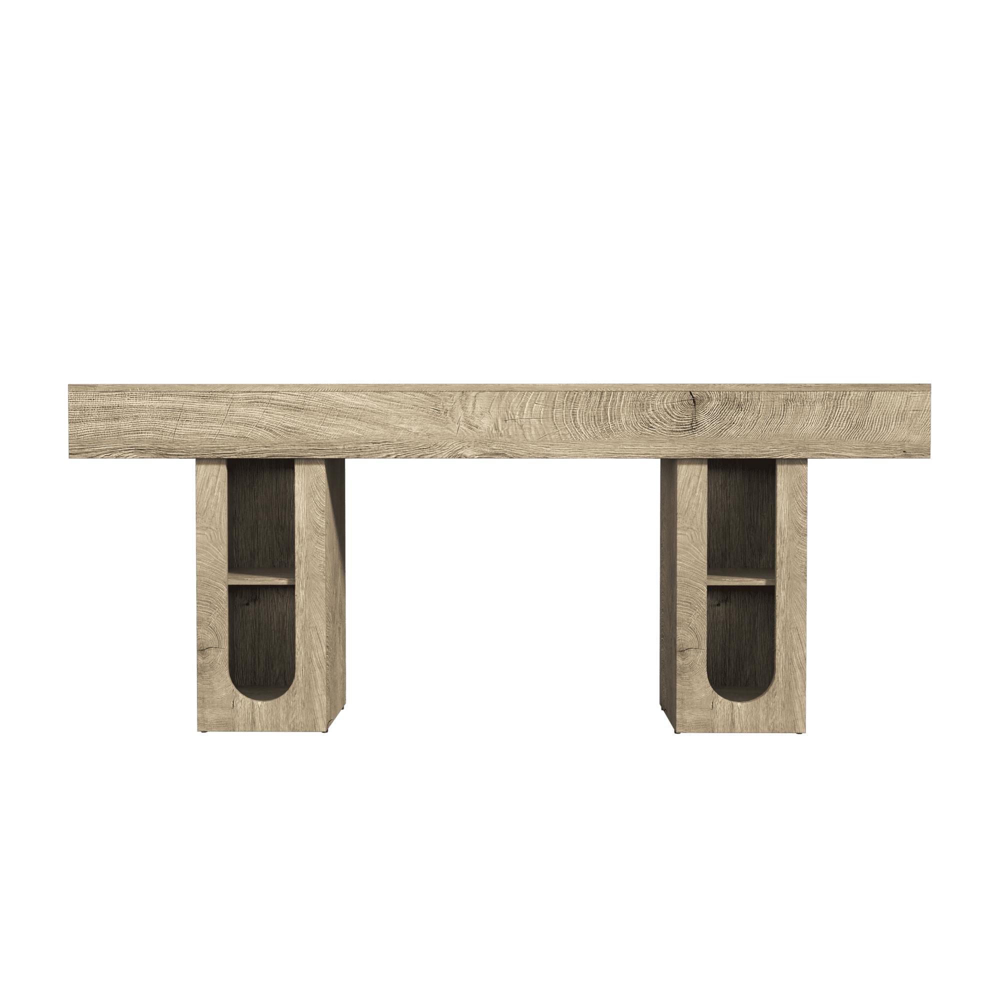 Mintazer 63" Modern U-Shaped Console Table with Charge Station, Entryway Table with Storage Shelves, Sofa Table for Entryway Hallway Living Room, Natural
