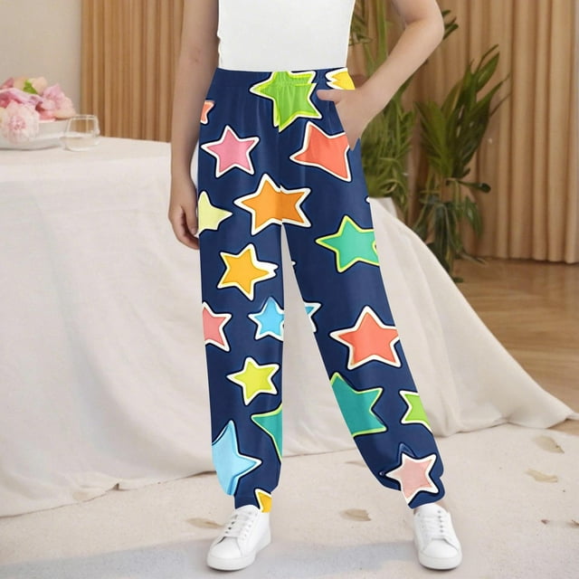 Cowsor Girls Graphic Print Sweatpants Athletic Drawstring Joggers Cute Track Pants with Pockets for Kids
