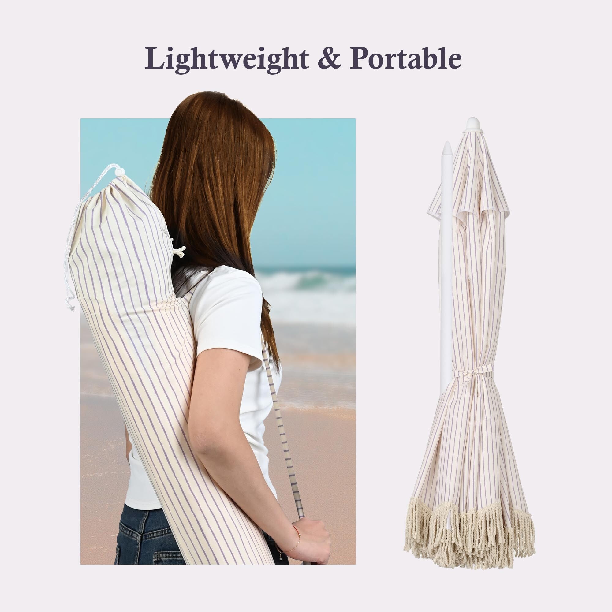 LAGarden 6Ft Fringe Patio Umbrella with Push Button Tilt Carry Bag UV30+ Outdoor Beach Yard Pool Party Deck Purple Stripe