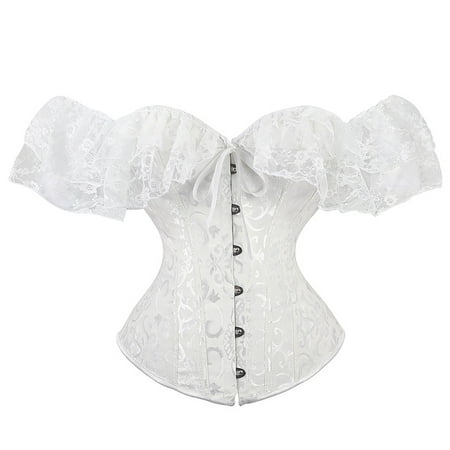 

Women Short Sleeve Corset Overbust Corset Sexy Solid Tie-Up Boat Neck Lace Close-Fitting Crop Bustier Corset Lingerie Female Top