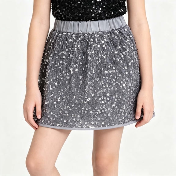 Girls Sequin Mini Skirts Elastic Waist Sparkly Short Glitter Skirts for Holiday Birthday Party Kids Dress‑up Wear 5-6Y
