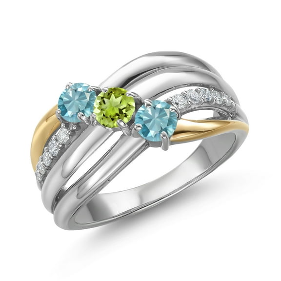 Gem Stone King 925 Silver and 10K Yellow Gold Blue Zircon and Green Peridot and Lab Grown Diamond Engagement Ring for Women | 1.45 Cttw | Round 4MM | Birthstone | Size 6