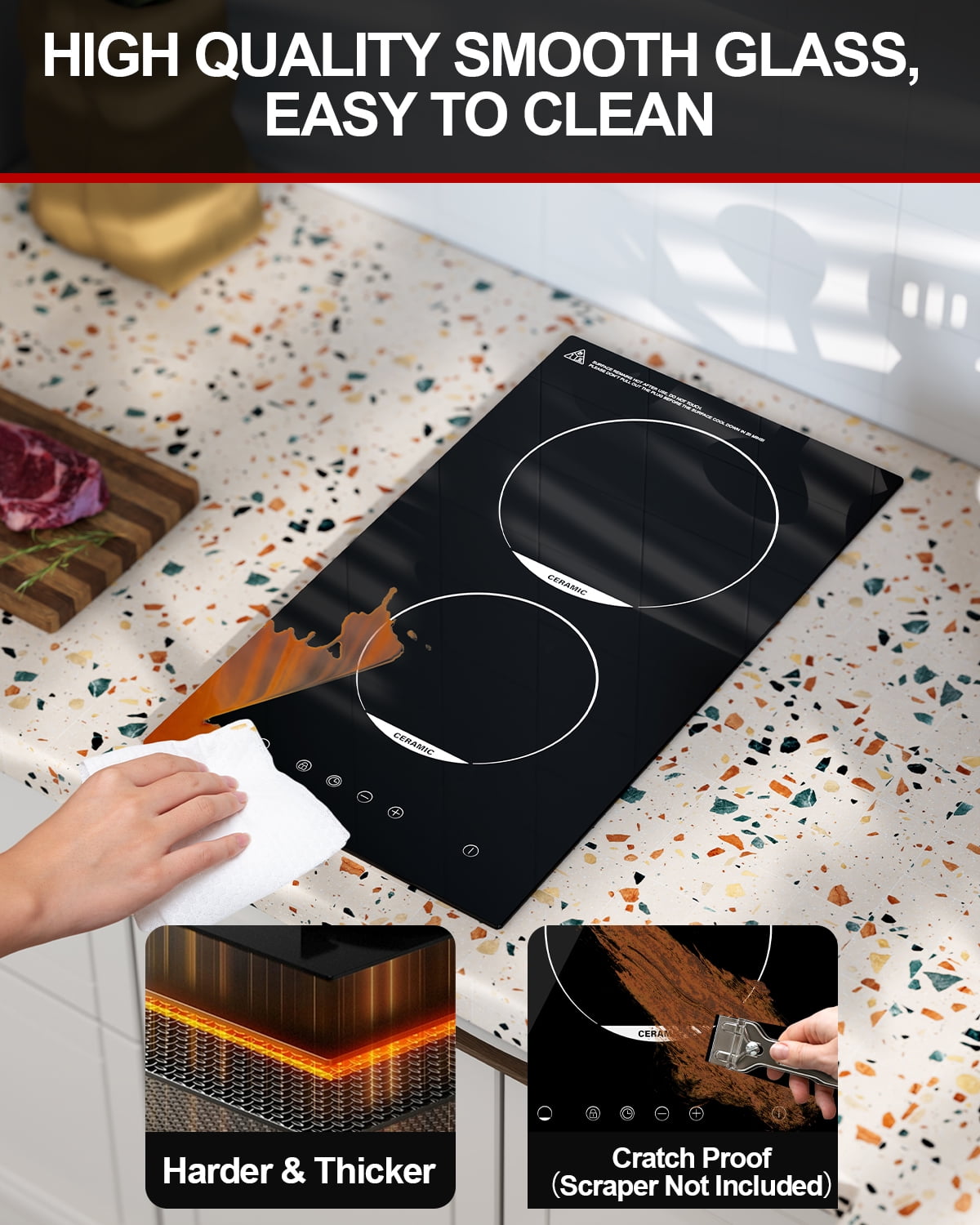 TOPWISH 12" 2-Burner Electric Cooktop, Built-In Ceramic Stove Top, 1800W, 110–120V Plug-In, Touch Control, 9 Power Levels, Timer, Child Lock & Overheat Protection