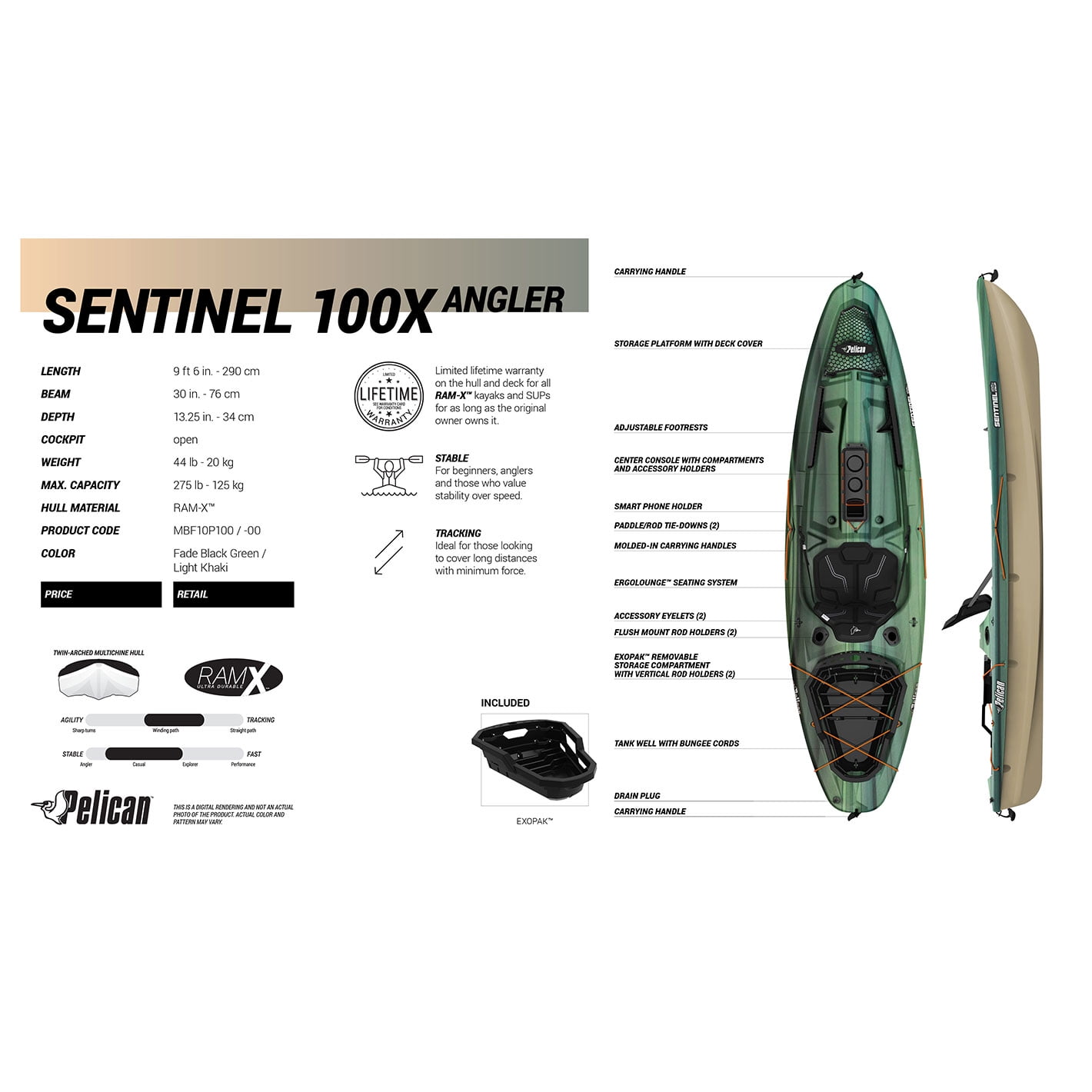 Pelican - Sentinel 100X - Angler Fishing Kayak - 10 ft - Fade Black Green