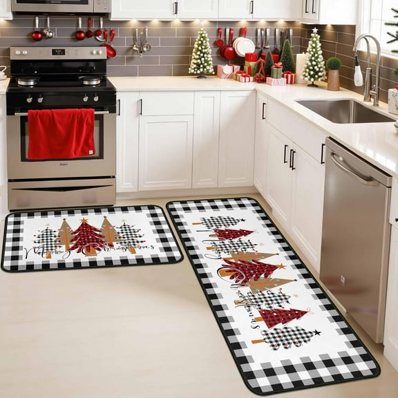 Buffalo Plaid Xmas Tree Merry Christmas Kitchen Rugs and Mats Set of 2, Winter Home Decor Low-Profile Floor Mat Decorations for Home Kitchen 17"x47"+17"x30"