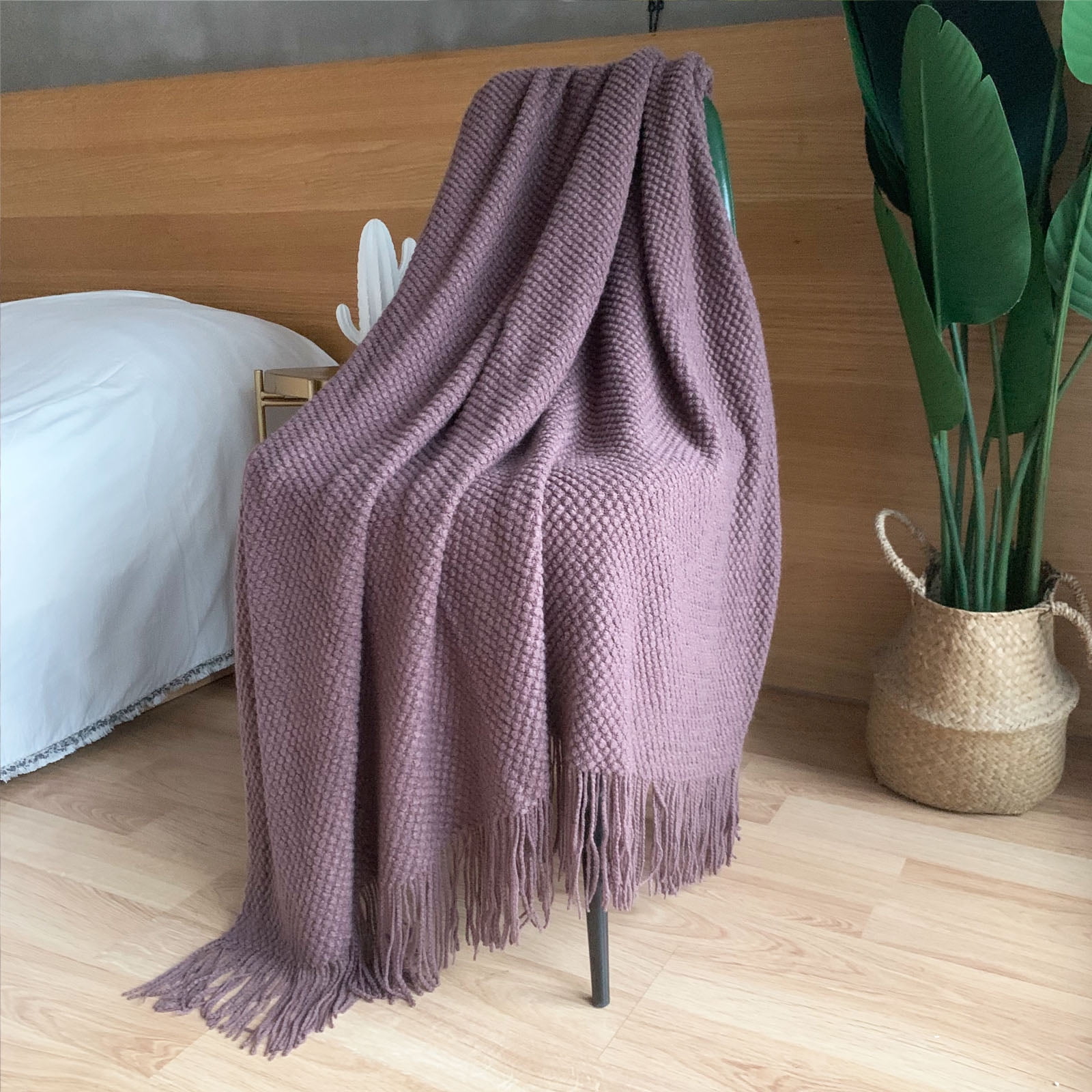 LOMAO Knitted Throw Blanket with Tassels Bubble Textured Lightweight Throws for Bed,Chair,Sofa,Living Room,Home Decor (Pale Lavendar,50*60 in)