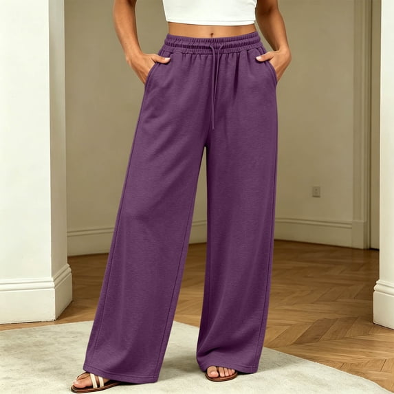ZUBKTE Women's Fall Winter Sweatpants, Solid Elastic Drawstring Waist Loose Casual Long Trousers with Side Hidden Pockets S‑2XL