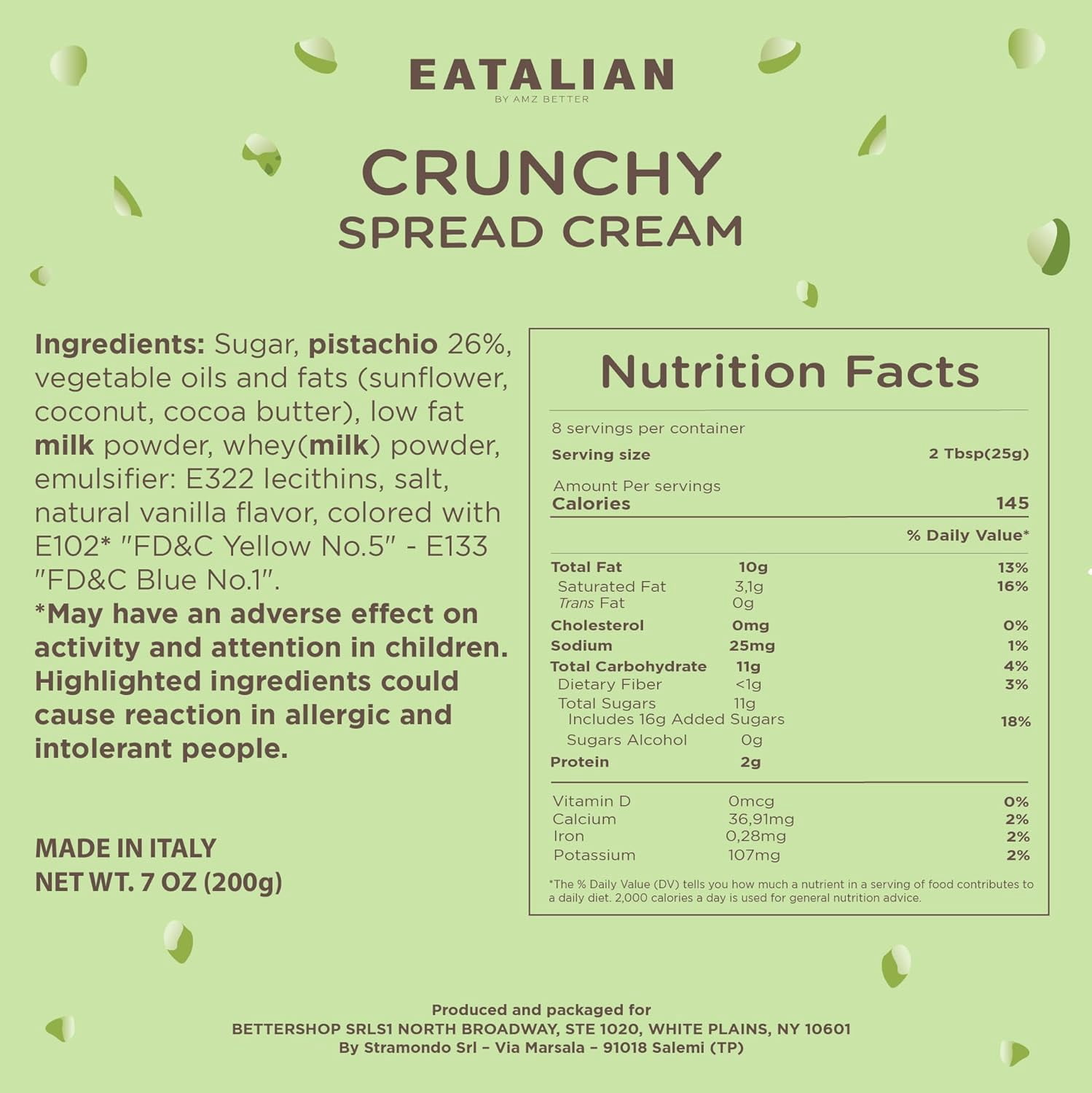 EATALIAN by AMZ BETTER Spreadable Crunchy Pistachio Cream 17.63 oz/500 gr, Pistachio Cream with Grains, Protein Paste, Sweet Taste, Ideal on Bread and Excellent for Dubai Chocolate, Made in Italy