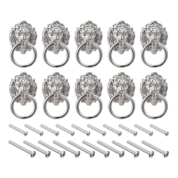 Unique Bargains Lion Drawer Pulls Knob Ring Pulls with Screws for Dresser Wardrobe Silver