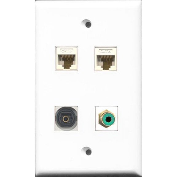 RiteAV 1 Port RCA Green and 1 Port Toslink 2 Port Cat6 Ethernet White Wall Plate