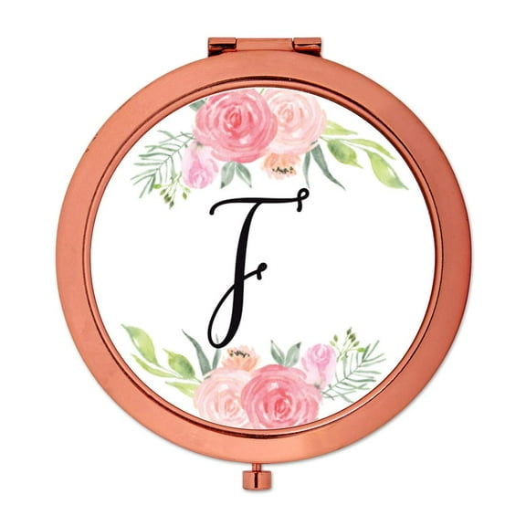 Koyal Wholesale Compact Mirror Bridesmaid's Wedding Gift, Rose Gold, Monogram Letter F, Peach and Pink Roses, 1-Pack