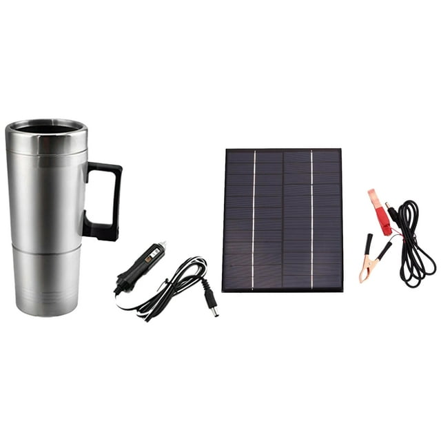 5.5W 12V Solar Panel Battery Charger Board Waterproof Polycrystalline Plate with Car Heating Kettle,1 x Car 12V Bottle Heater Cup 1 x solar panel 1 x positive and negative film (tape)