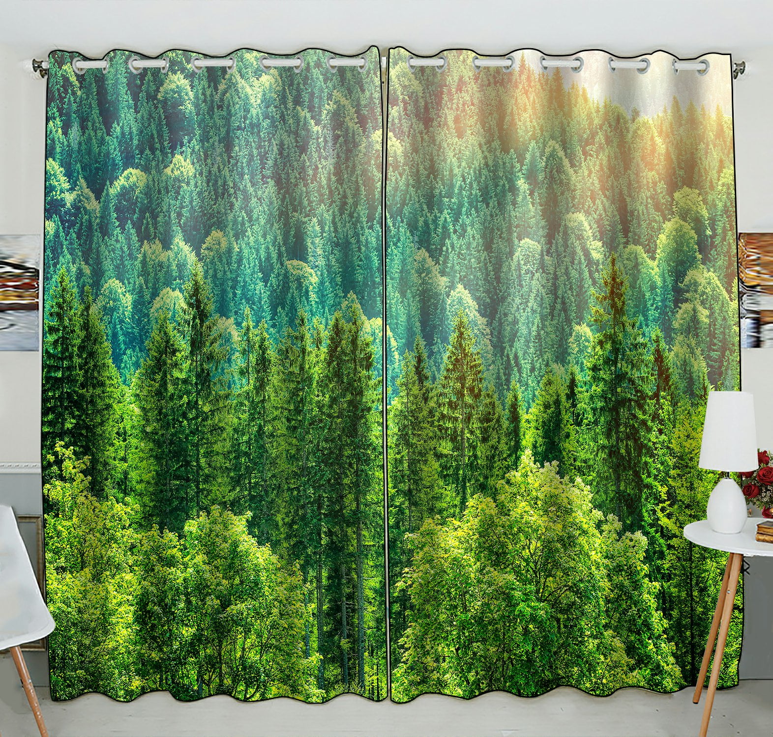 Phfzk Green Forest Window Curtain, Beautiful Bird Eye View On Pines Sun