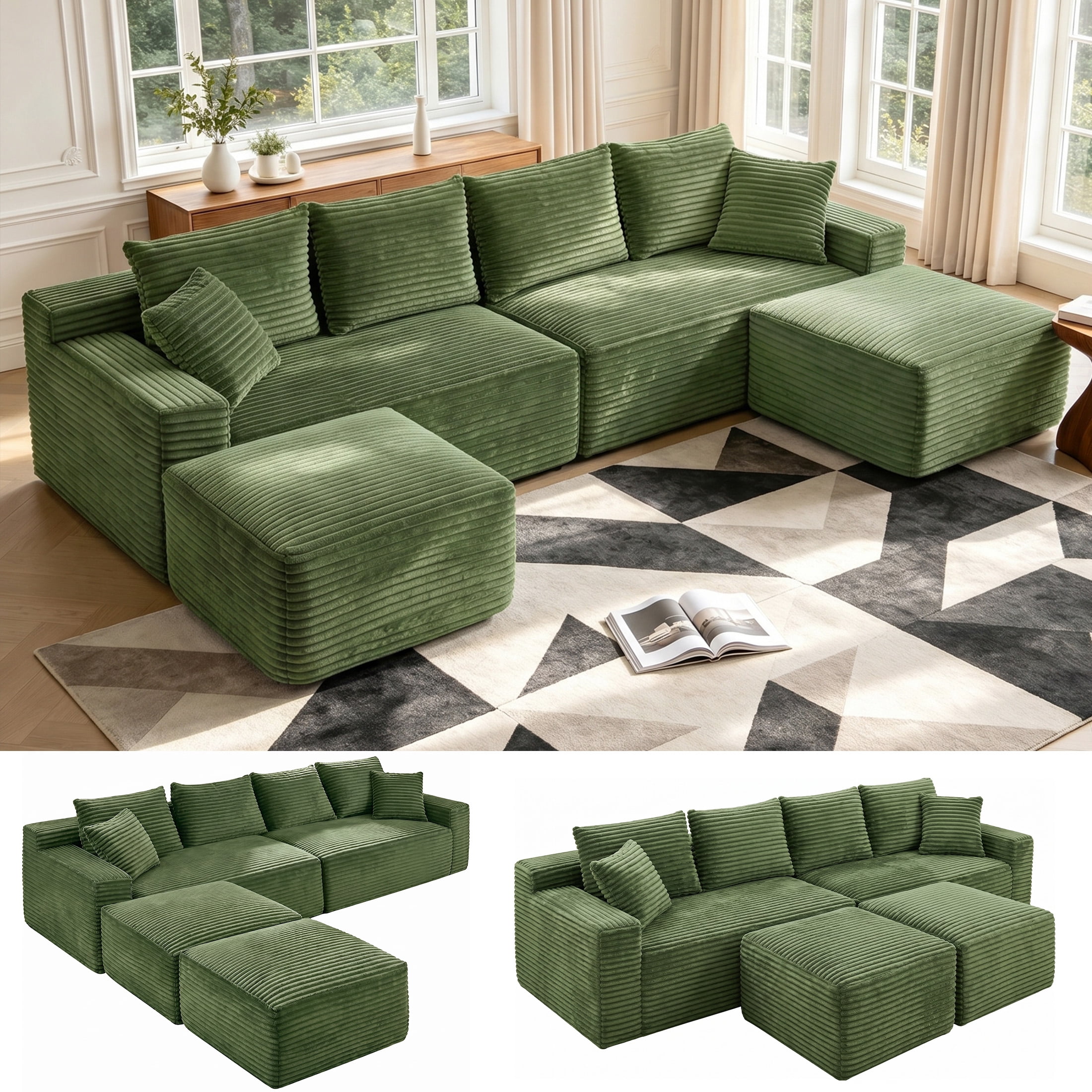 Aenkyo 115" Corduroy U-Shaped Modular Sectional Sofa with 2 Ottomans, 4-Seater, Green